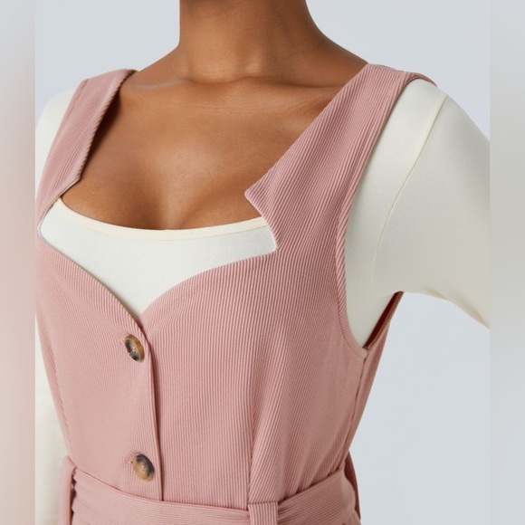 HALARA‎ Ribbed Asymmetric Neck Sleeveless Button Belted Wide Leg Casual Jumpsuit - Picture 10 of 13